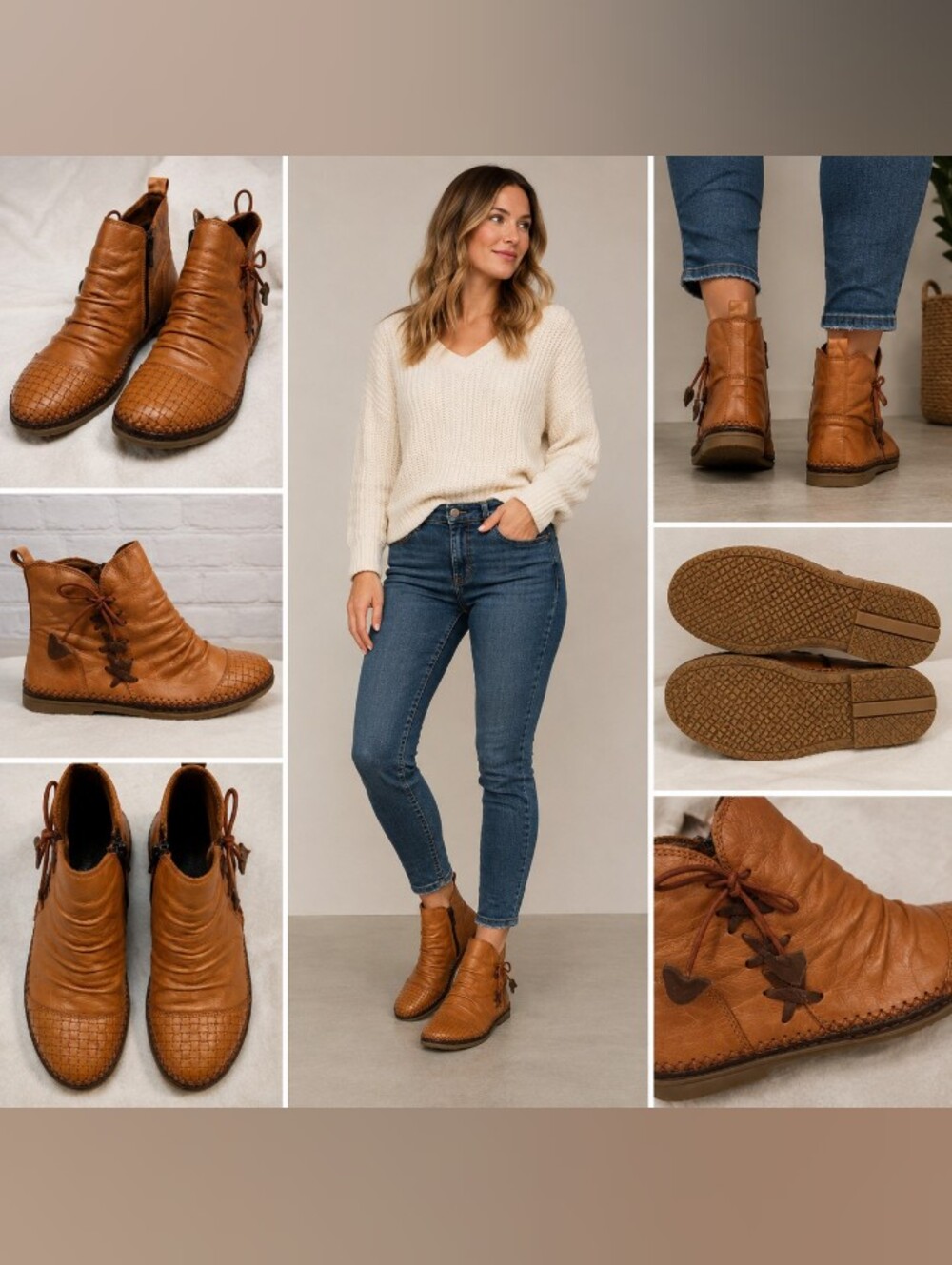 walking step womans  genuine leather cognac woven toe ankle booties size 37 -6M